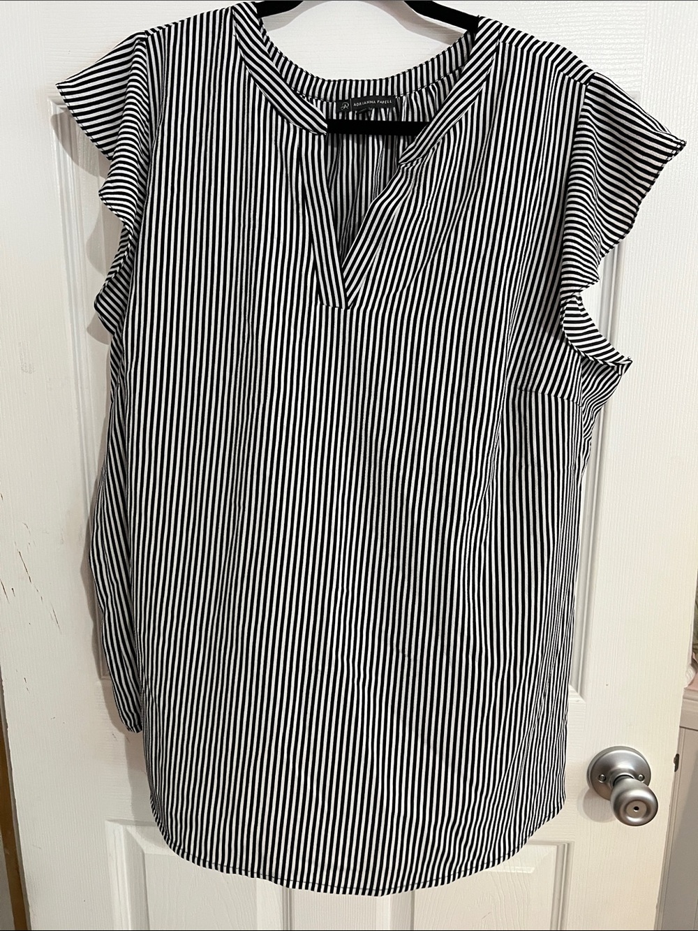 Adrianna Papell Black and White Striped Cap-Sleeve V-Neck Blouse